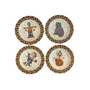 VTG 1998 Sakura Debbie Mumm HALLOWEEN Salad Plates SET OF 4 Witch Cat Pumpkin Ow